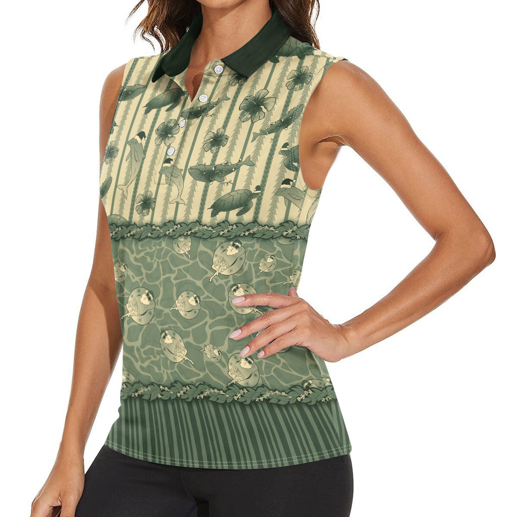 Hawaii Christmas In July Women Sleeveless Polo Shirt Olive Green Mele Kalikimaka Sea Animals DT05 - Polynesian Pride