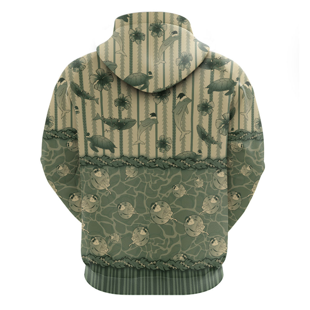 Hawaii Christmas In July Zip Hoodie Olive Green Mele Kalikimaka Sea Animals DT05 - Polynesian Pride