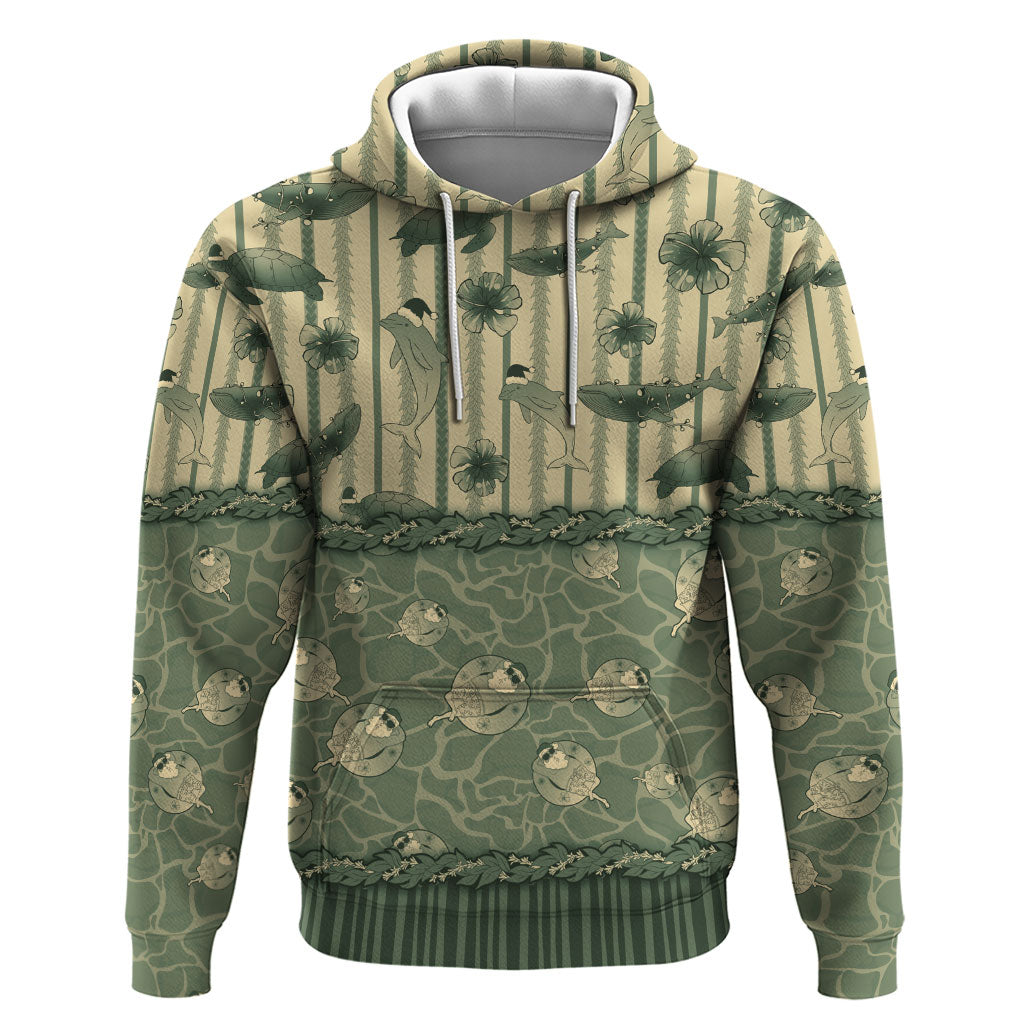 Hawaii Christmas In July Zip Hoodie Olive Green Mele Kalikimaka Sea Animals DT05 Pullover Hoodie Green - Polynesian Pride