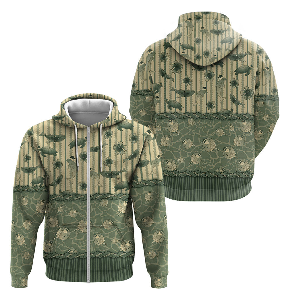 Hawaii Christmas In July Zip Hoodie Olive Green Mele Kalikimaka Sea Animals DT05 - Polynesian Pride