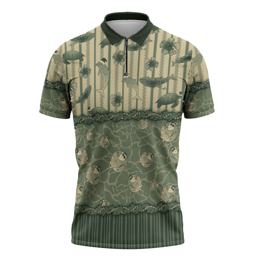Hawaii Christmas In July Zipper Polo Shirt Olive Green Mele Kalikimaka Sea Animals DT05 Green - Polynesian Pride