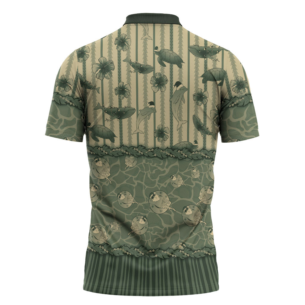 Hawaii Christmas In July Zipper Polo Shirt Olive Green Mele Kalikimaka Sea Animals DT05 - Polynesian Pride