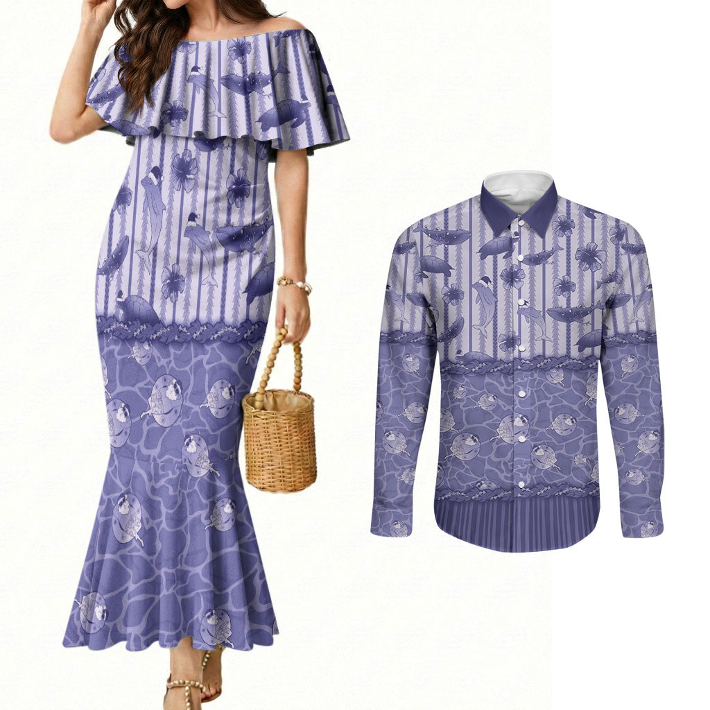 Hawaii Christmas In July Couples Matching Mermaid Dress and Long Sleeve Button Shirt Amethyst Purple Mele Kalikimaka Sea Animals DT05 Purple - Polynesian Pride