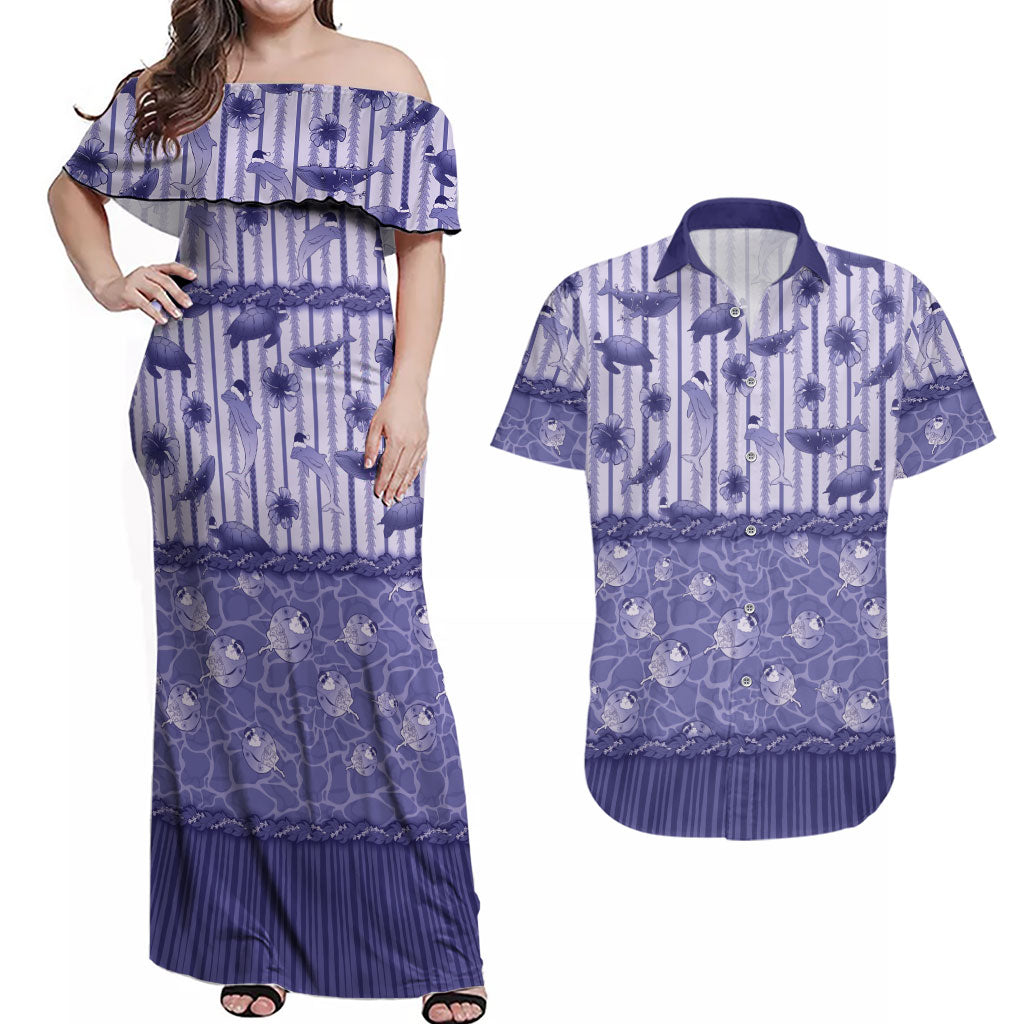 Hawaii Christmas In July Couples Matching Off Shoulder Maxi Dress and Hawaiian Shirt Amethyst Purple Mele Kalikimaka Sea Animals DT05 Purple - Polynesian Pride