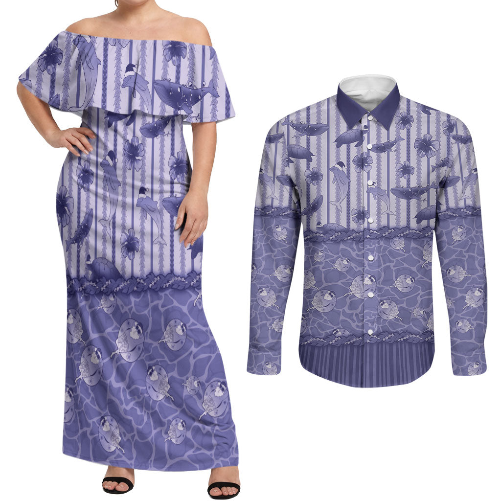 Hawaii Christmas In July Couples Matching Off Shoulder Maxi Dress and Long Sleeve Button Shirt Amethyst Purple Mele Kalikimaka Sea Animals DT05 Purple - Polynesian Pride