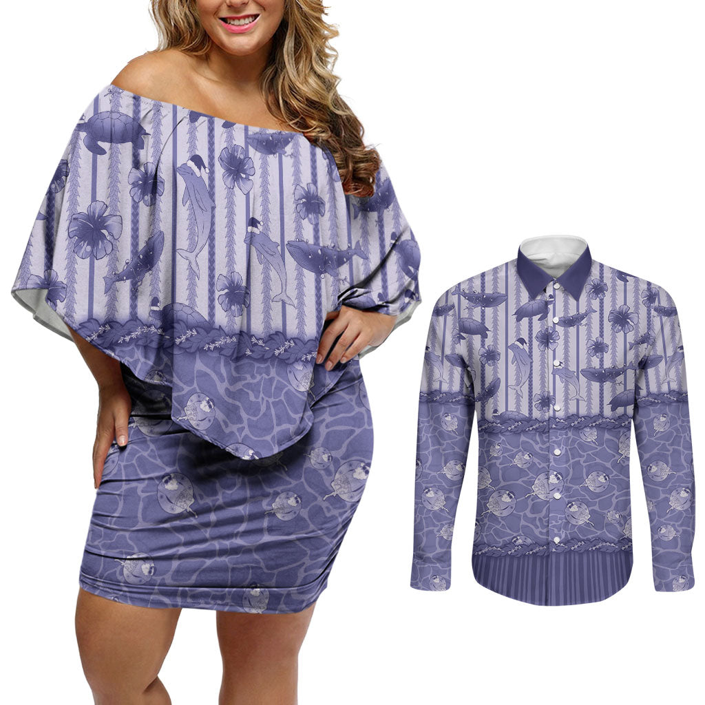Hawaii Christmas In July Couples Matching Off Shoulder Short Dress and Long Sleeve Button Shirt Amethyst Purple Mele Kalikimaka Sea Animals DT05 Purple - Polynesian Pride