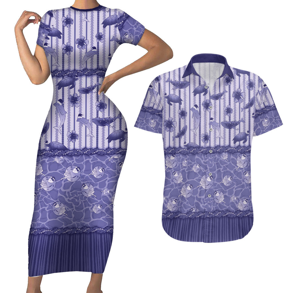 Hawaii Christmas In July Couples Matching Short Sleeve Bodycon Dress and Hawaiian Shirt Amethyst Purple Mele Kalikimaka Sea Animals DT05 Purple - Polynesian Pride