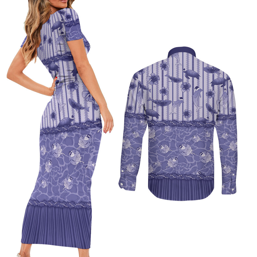 Hawaii Christmas In July Couples Matching Short Sleeve Bodycon Dress and Long Sleeve Button Shirt Amethyst Purple Mele Kalikimaka Sea Animals DT05 - Polynesian Pride