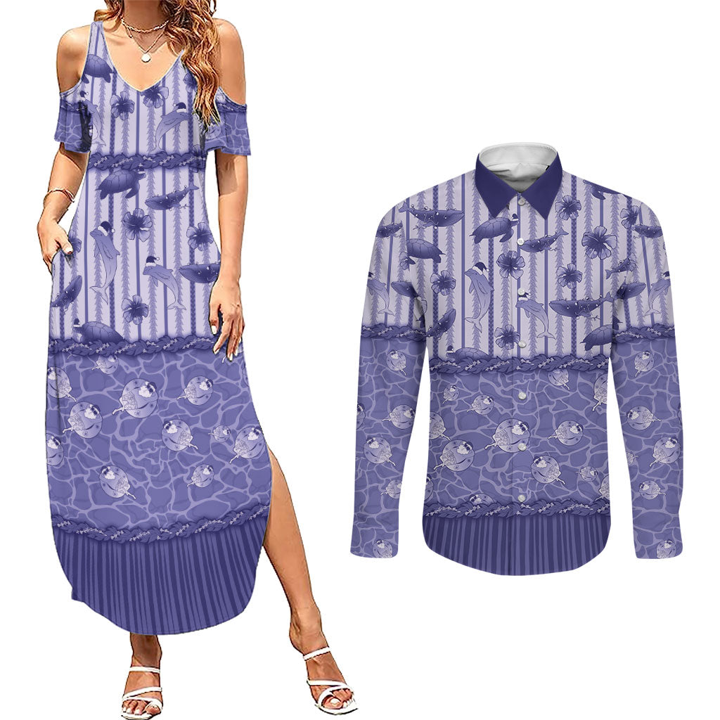 Hawaii Christmas In July Couples Matching Summer Maxi Dress and Long Sleeve Button Shirt Amethyst Purple Mele Kalikimaka Sea Animals DT05 Purple - Polynesian Pride