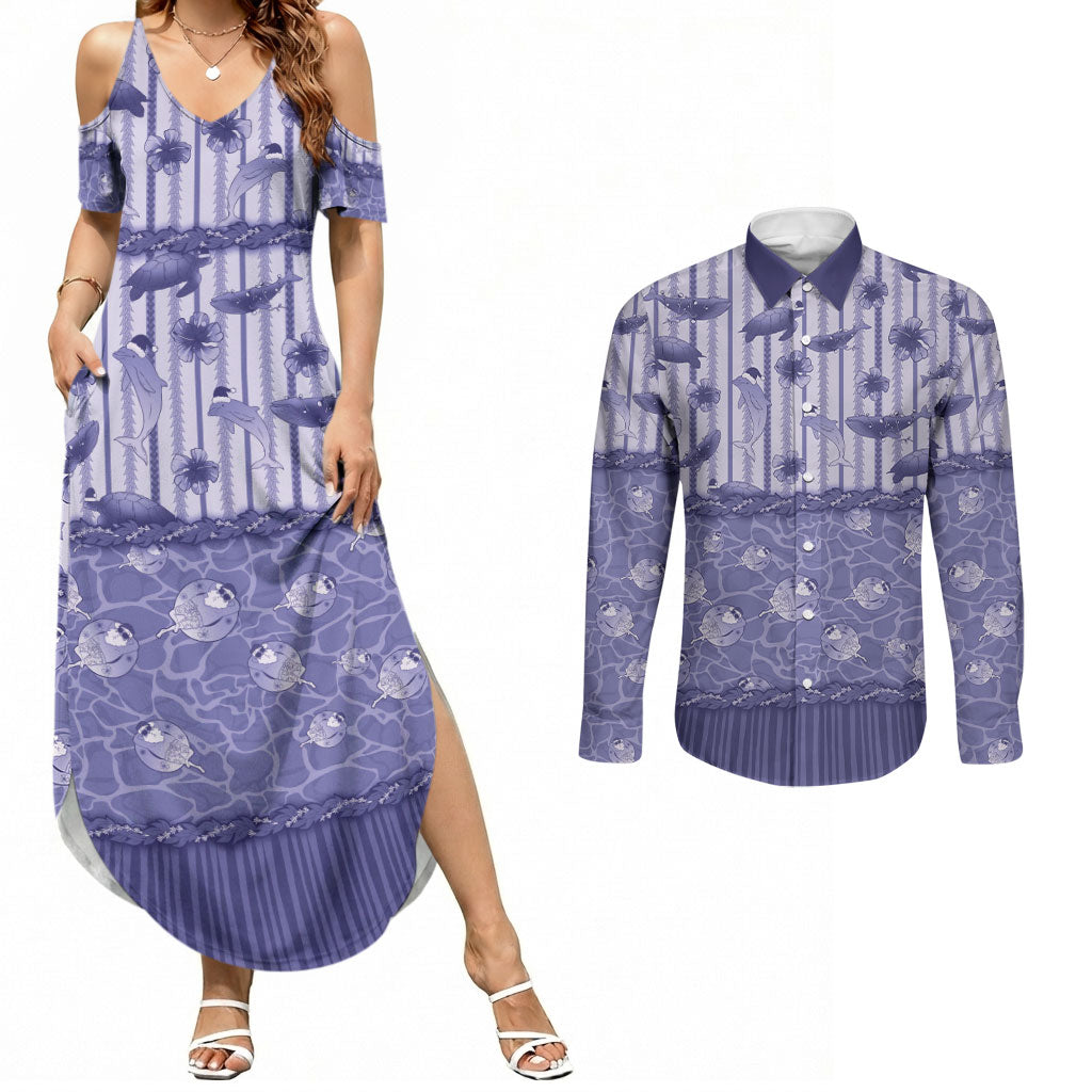 Hawaii Christmas In July Couples Matching Summer Maxi Dress and Long Sleeve Button Shirt Amethyst Purple Mele Kalikimaka Sea Animals DT05 Purple - Polynesian Pride