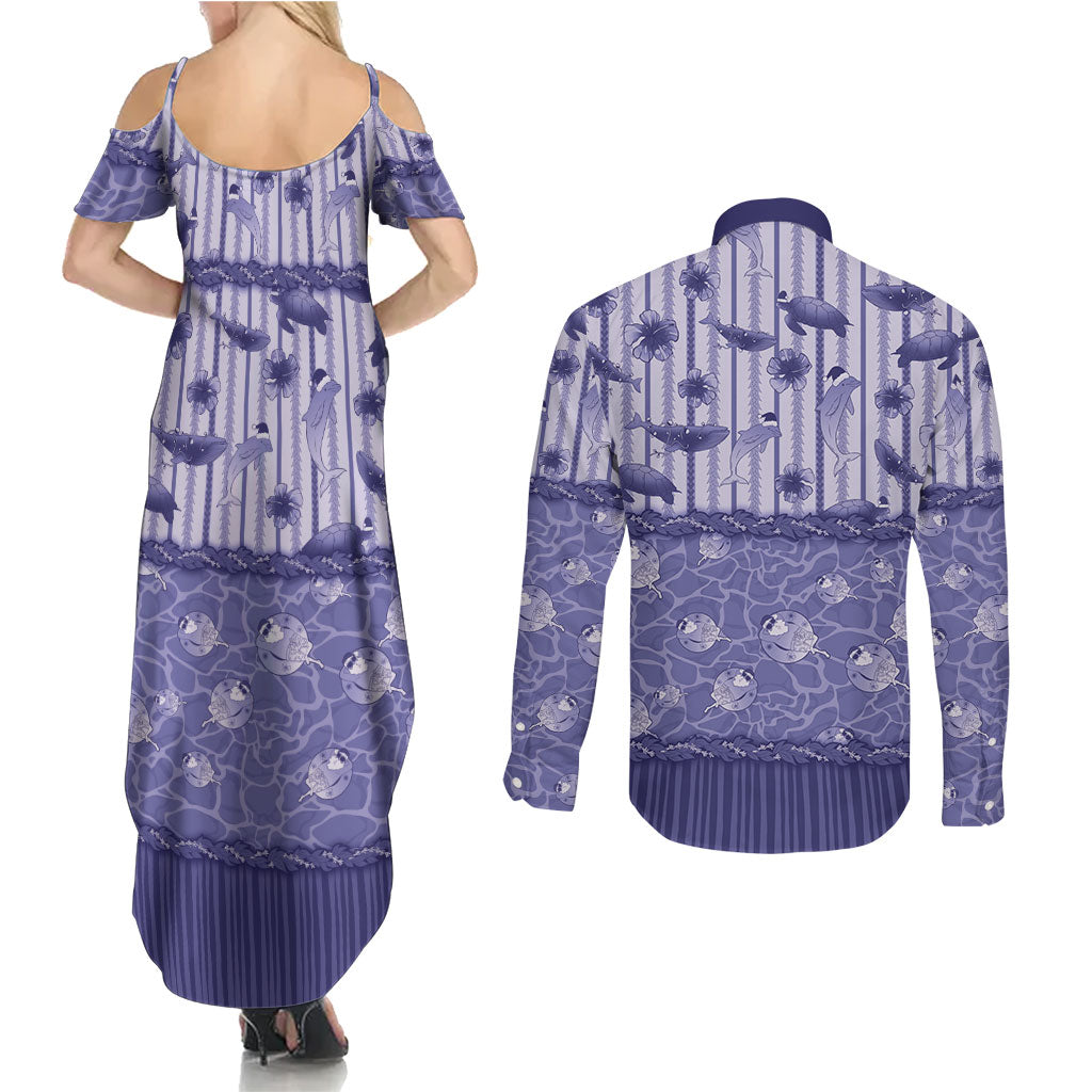 Hawaii Christmas In July Couples Matching Summer Maxi Dress and Long Sleeve Button Shirt Amethyst Purple Mele Kalikimaka Sea Animals DT05 - Polynesian Pride