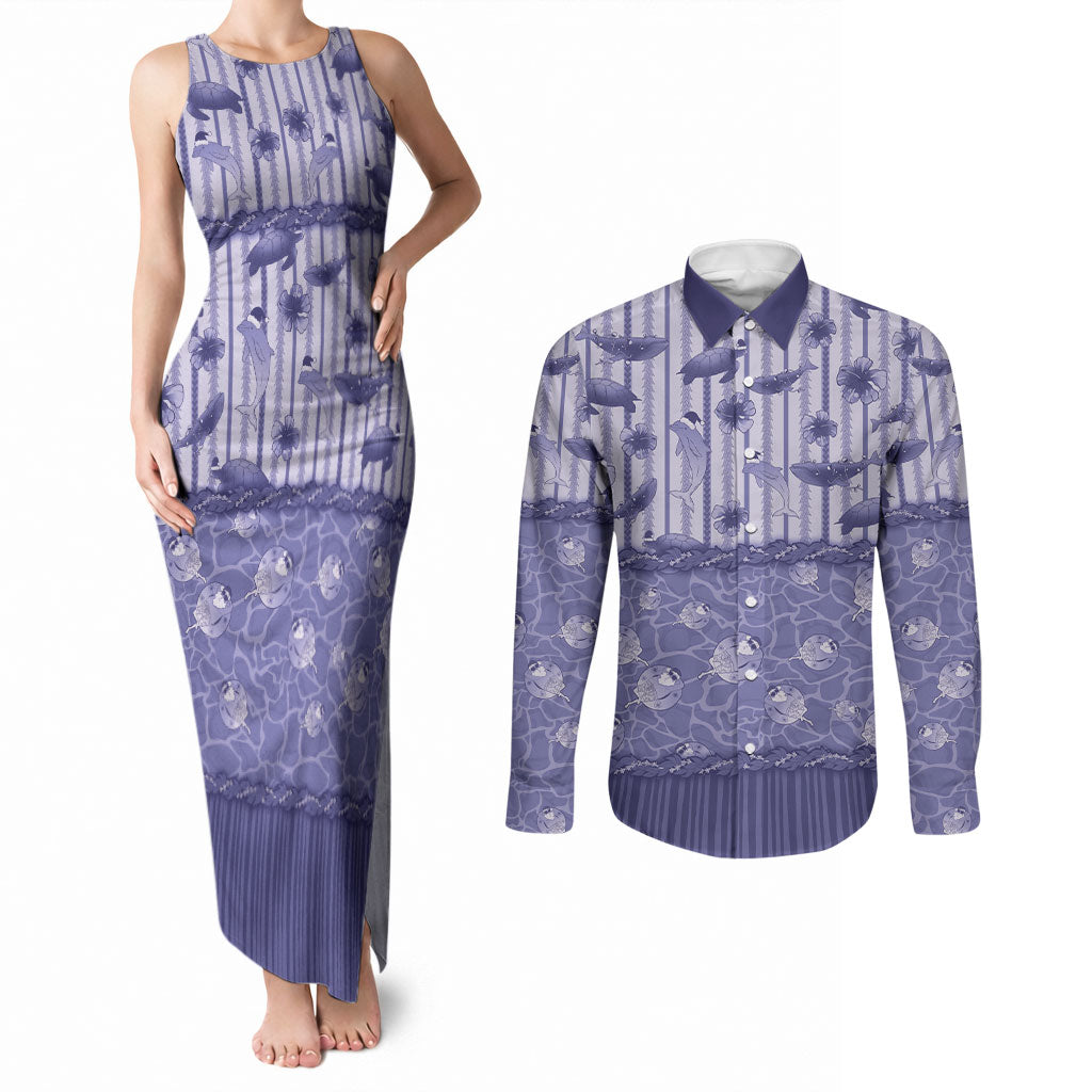 Hawaii Christmas In July Couples Matching Tank Maxi Dress and Long Sleeve Button Shirt Amethyst Purple Mele Kalikimaka Sea Animals DT05 Purple - Polynesian Pride