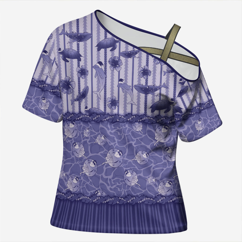 Hawaii Christmas In July Cross Shoulder Shirt Amethyst Purple Mele Kalikimaka Sea Animals DT05 Female Purple - Polynesian Pride