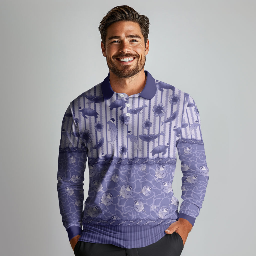 Hawaii Christmas In July Long Sleeve Polo Shirt Amethyst Purple Mele Kalikimaka Sea Animals DT05 - Polynesian Pride