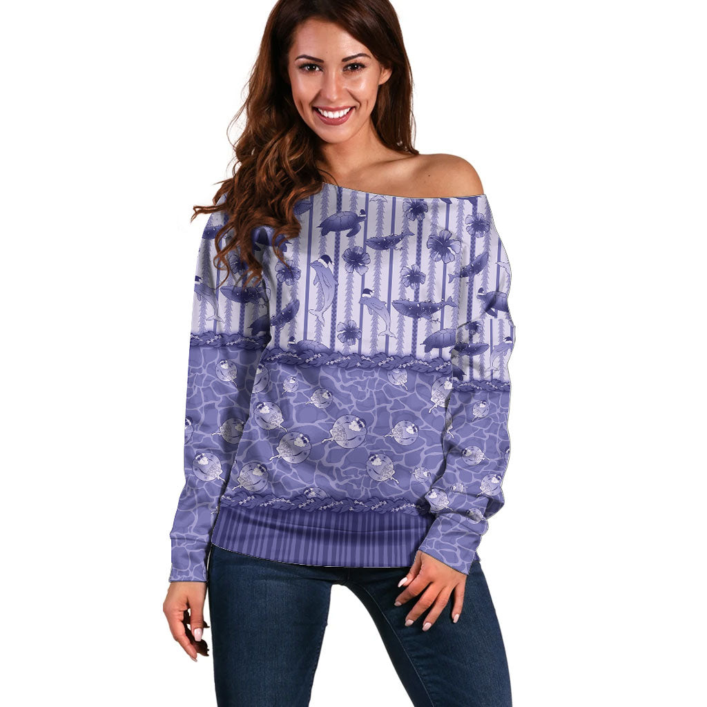Hawaii Christmas In July Off Shoulder Sweater Amethyst Purple Mele Kalikimaka Sea Animals DT05 Women Purple - Polynesian Pride