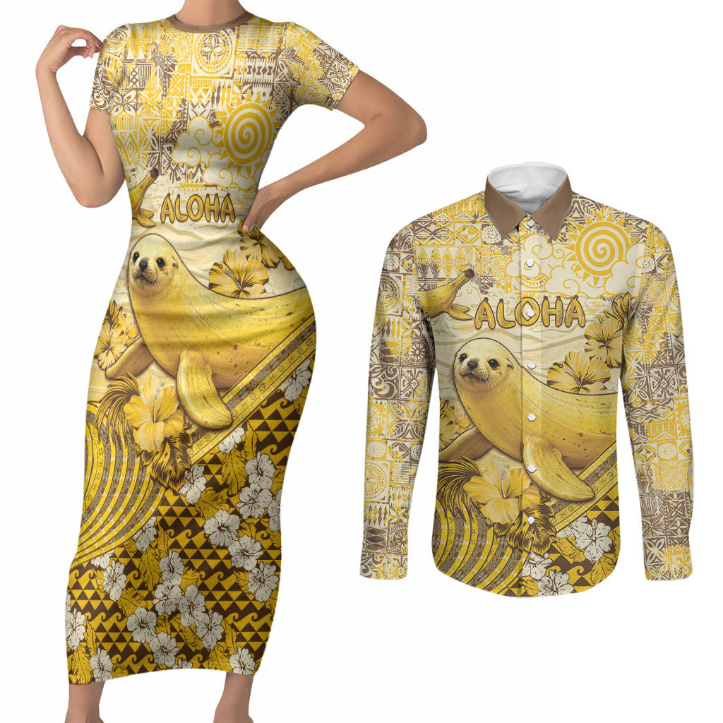 Hawaii Banana Seal Couples Matching Short Sleeve Bodycon Dress and Long Sleeve Button Shirt Ilio Holo I Ka Uaua Aloha DT05 Yellow - Polynesian Pride