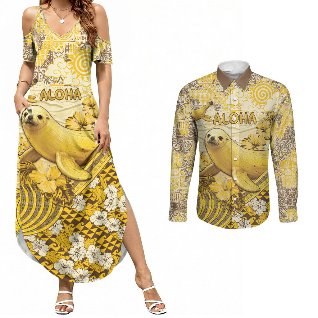 Hawaii Banana Seal Couples Matching Summer Maxi Dress and Long Sleeve Button Shirt Ilio Holo I Ka Uaua Aloha DT05 Yellow - Polynesian Pride