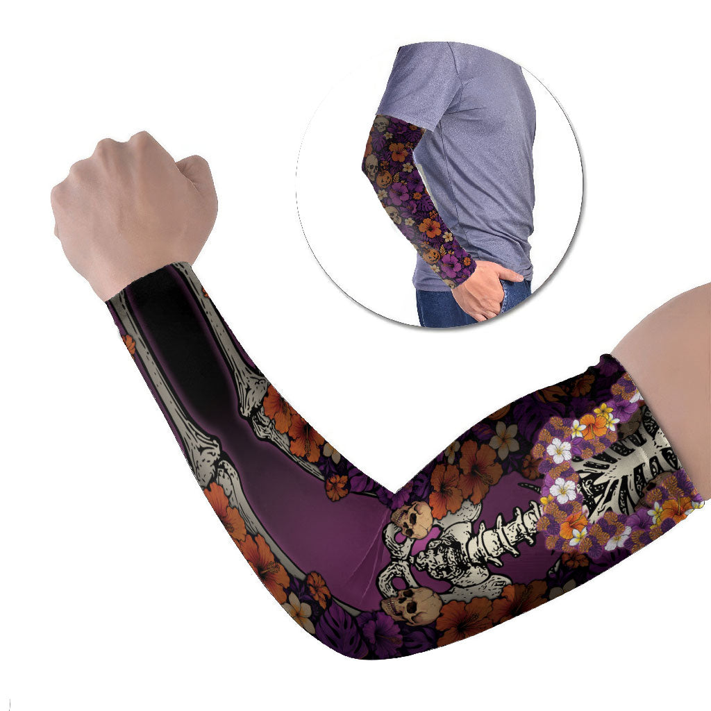 Hawaii Halloween Arm Sleeves Skeleton Bones Flower Lei Tropical Floral DT05 Set of 2 Black - Polynesian Pride