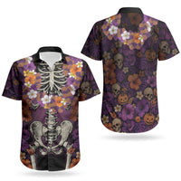 Hawaii Halloween Couples Matching Off The Shoulder Long Sleeve Dress and Hawaiian Shirt Skeleton Bones Flower Lei Tropical Floral DT05 - Polynesian Pride
