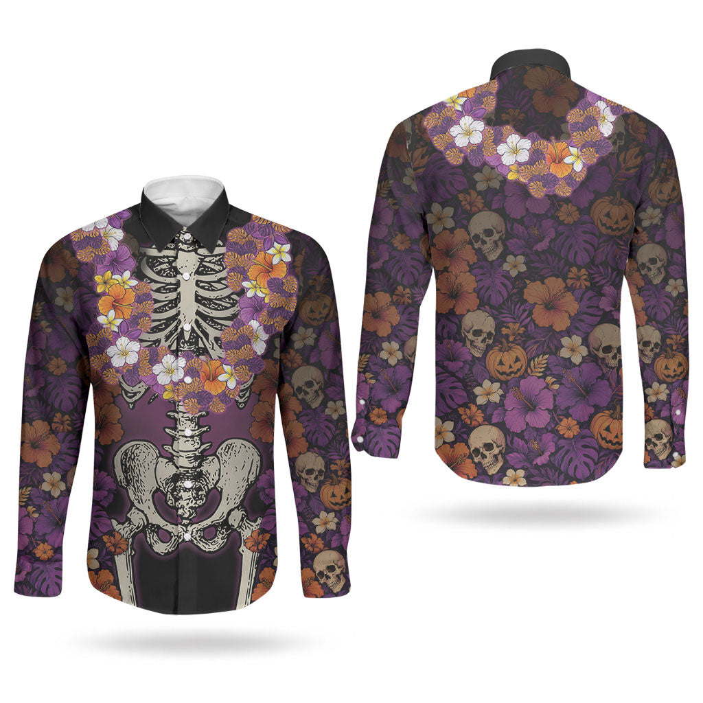 Hawaii Halloween Couples Matching Summer Maxi Dress and Long Sleeve Button Shirt Skeleton Bones Flower Lei Tropical Floral DT05 - Polynesian Pride