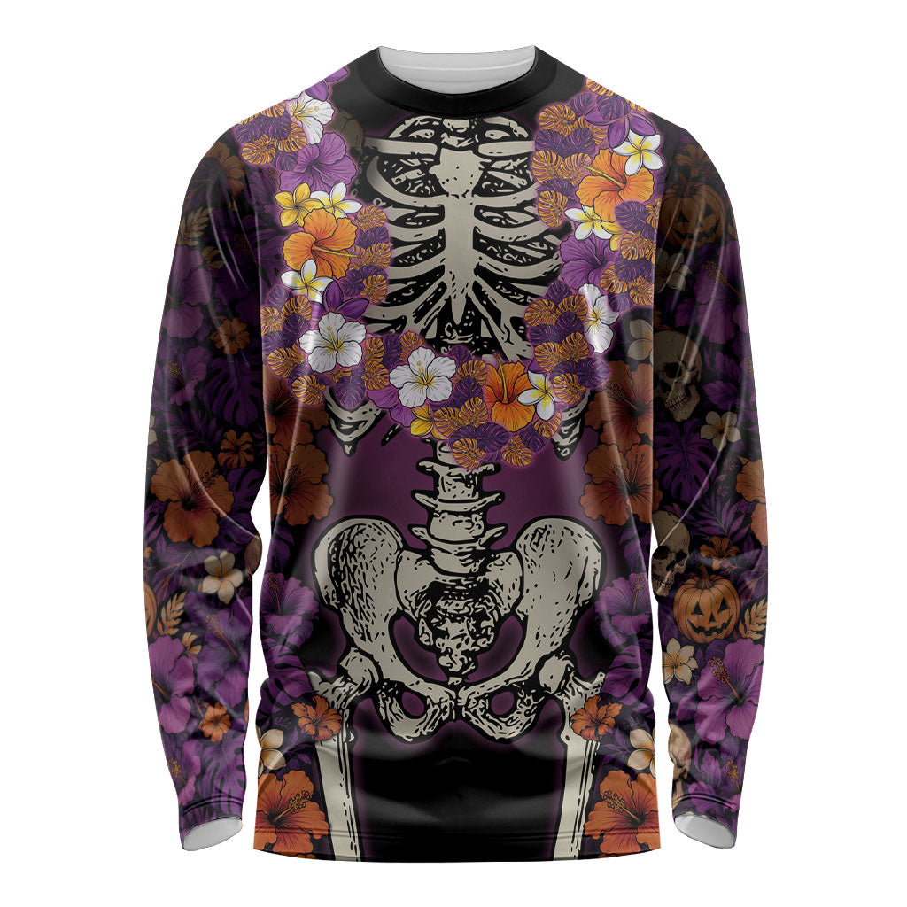 Hawaii Halloween Long Sleeve Shirt Skeleton Bones Flower Lei Tropical Floral DT05 Unisex Black - Polynesian Pride