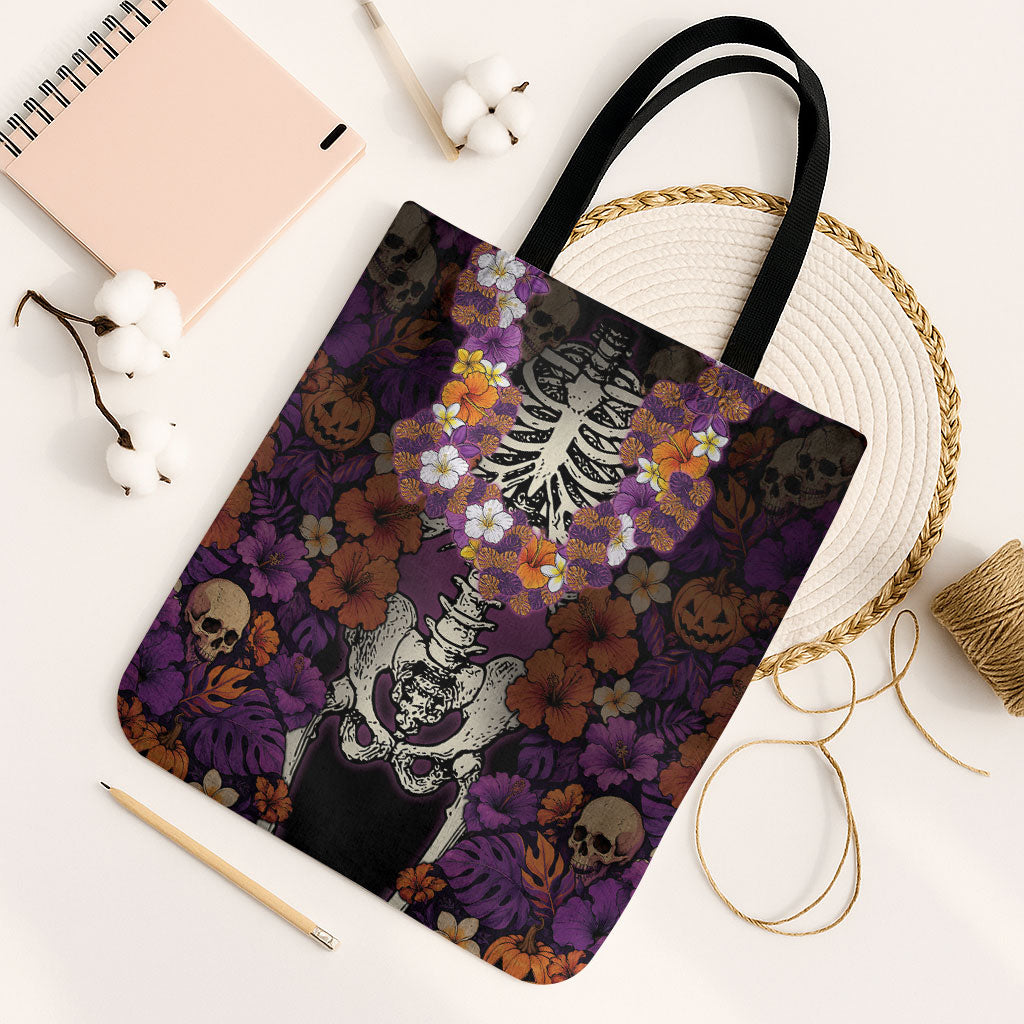 Hawaii Halloween Tote Bag Skeleton Bones Flower Lei Tropical Floral DT05 Black Strap One Size Black - Polynesian Pride