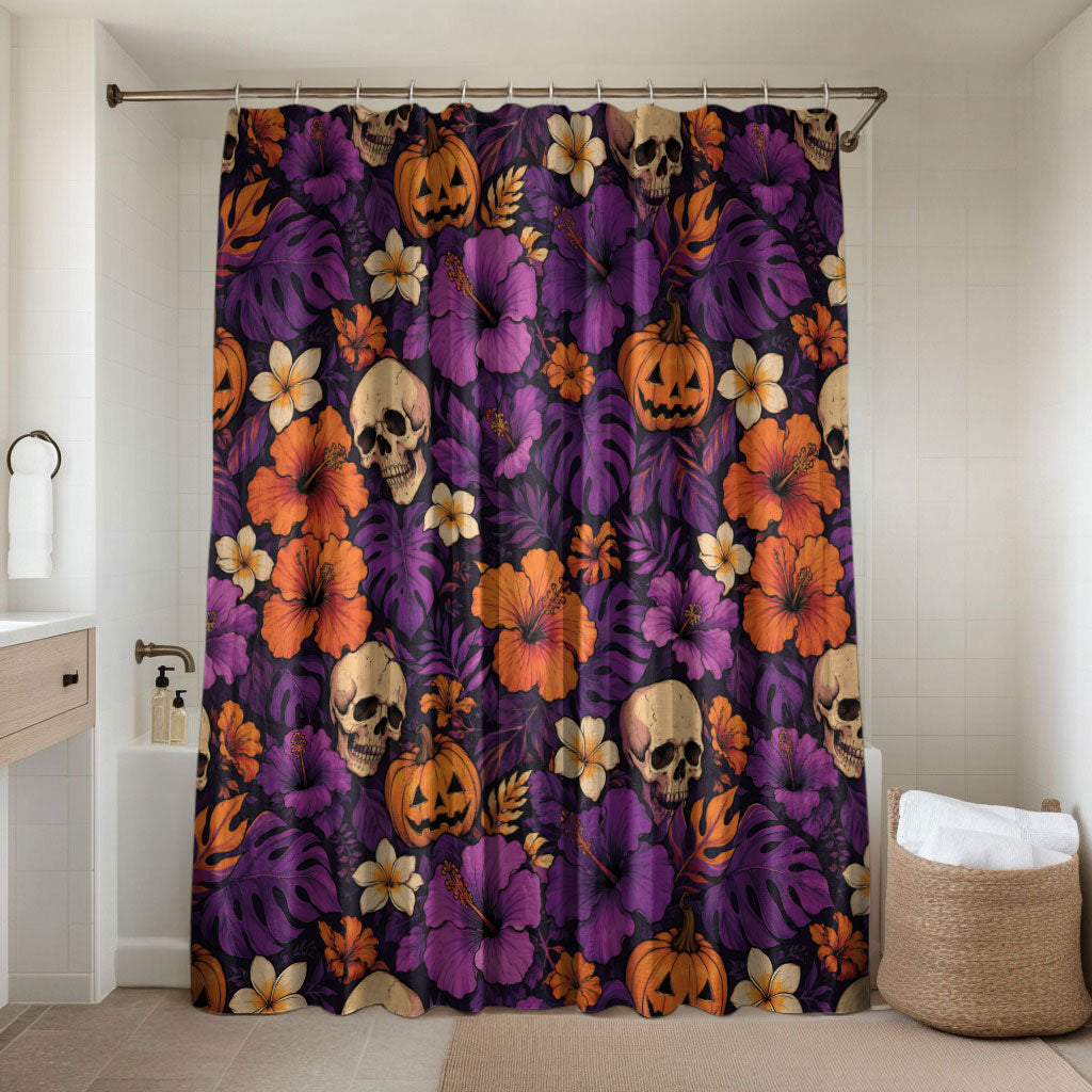 Hawaii Halloween Bathroom Set Skeleton Pumpkin Hawaiian Flower Tribal DT05 Shower Curtain Only Purple - Polynesian Pride