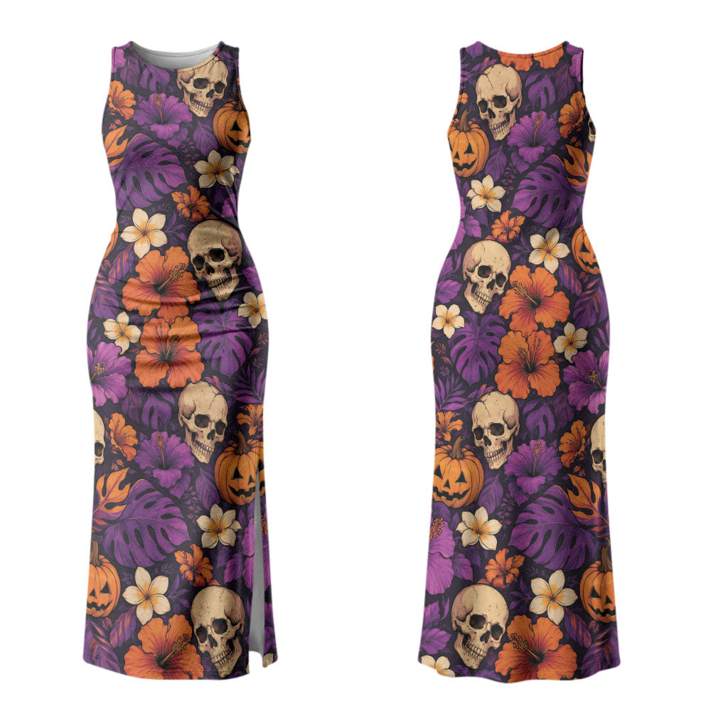 Hawaii Halloween Couples Matching Tank Maxi Dress and Hawaiian Shirt Skeleton Pumpkin Hawaiian Flower Tribal DT05 - Polynesian Pride