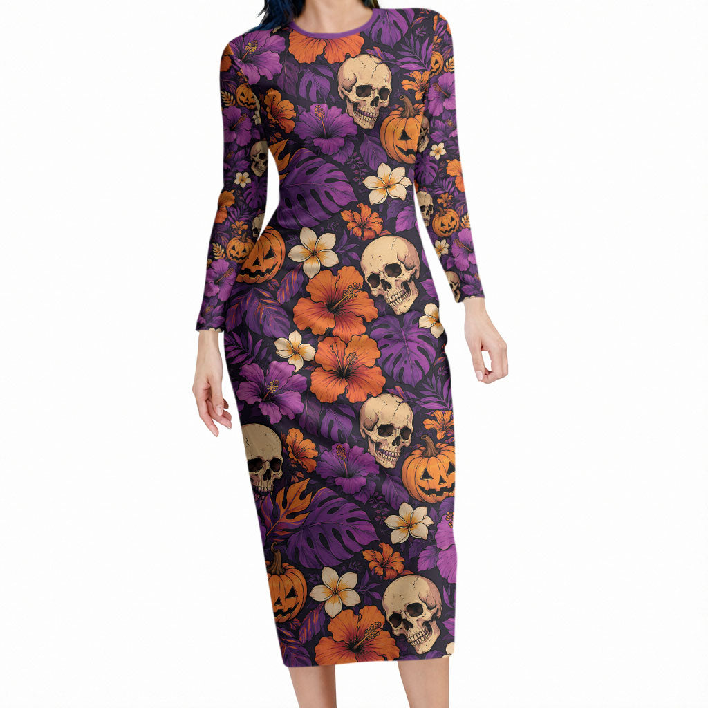 Hawaii Halloween Long Sleeve Bodycon Dress Skeleton Pumpkin Hawaiian Flower Tribal DT05 Long Dress Purple - Polynesian Pride