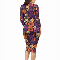Hawaii Halloween Long Sleeve Bodycon Dress Skeleton Pumpkin Hawaiian Flower Tribal DT05 - Polynesian Pride