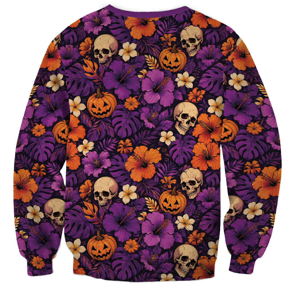 Hawaii Halloween Sweatshirt Skeleton Pumpkin Hawaiian Flower Tribal DT05 - Polynesian Pride