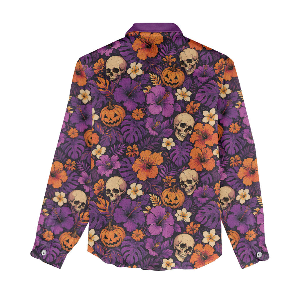 Hawaii Halloween Women Casual Shirt Skeleton Pumpkin Hawaiian Flower Tribal DT05 - Polynesian Pride