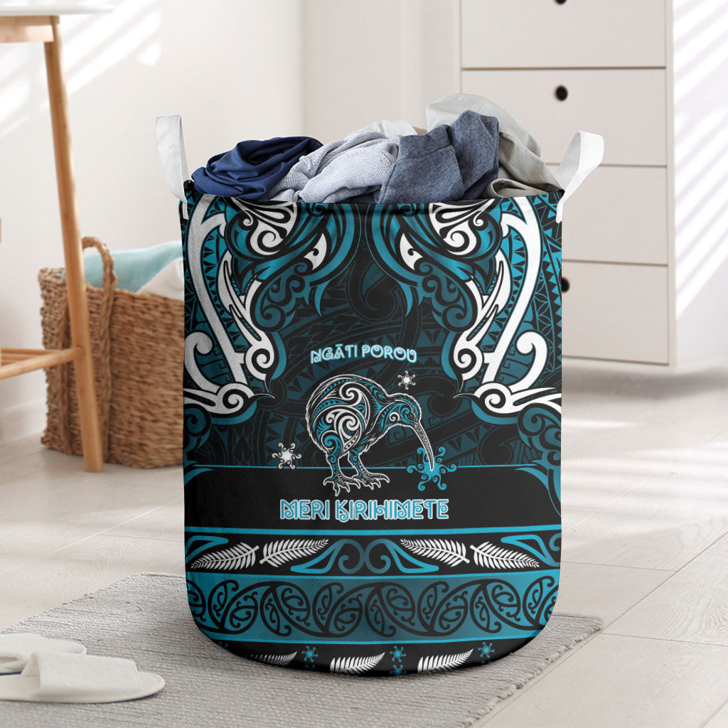 Ngati Porou Aotearoa Meri Kirihimete Laundry Basket Maori Kiwi Bird Silver Fern Koru Pattern DT05 Blue - Polynesian Pride