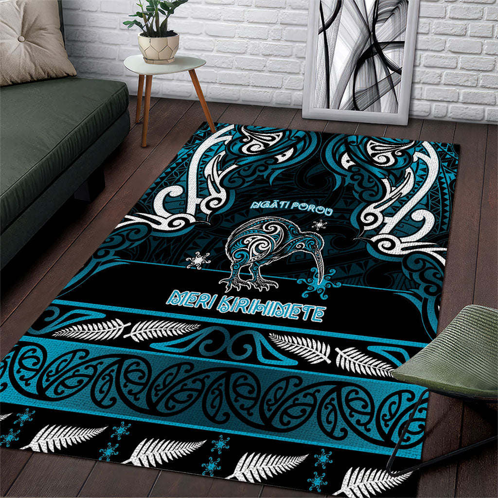 Ngati Porou Aotearoa Meri Kirihimete Area Rug Maori Kiwi Bird Silver Fern Koru Pattern DT05 Blue - Polynesian Pride