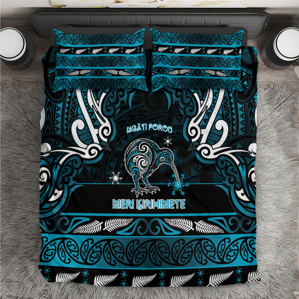 Ngati Porou Aotearoa Meri Kirihimete Bedding Set Maori Kiwi Bird Silver Fern Koru Pattern DT05 Blue - Polynesian Pride