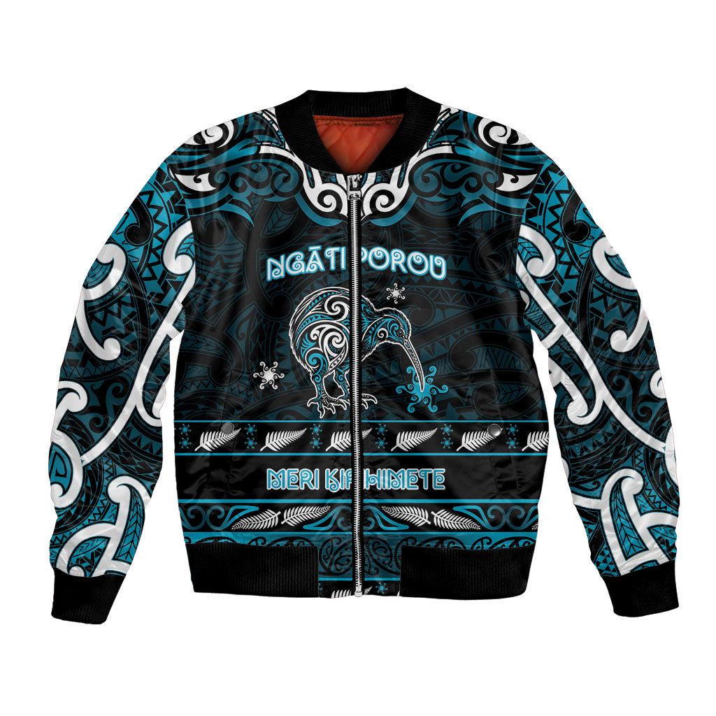 Personalised Ngati Porou Aotearoa Meri Kirihimete Bomber Jacket Maori Kiwi Bird Silver Fern Koru Pattern DT05 Unisex Blue - Polynesian Pride