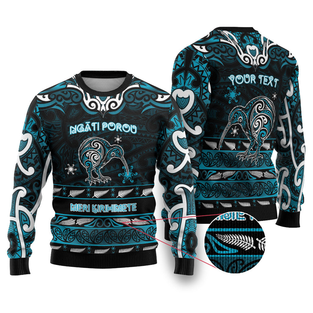 Personalised Ngati Porou Aotearoa Meri Kirihimete Ugly Christmas Sweater Maori Kiwi Bird Silver Fern Koru Pattern DT05 Blue - Polynesian Pride