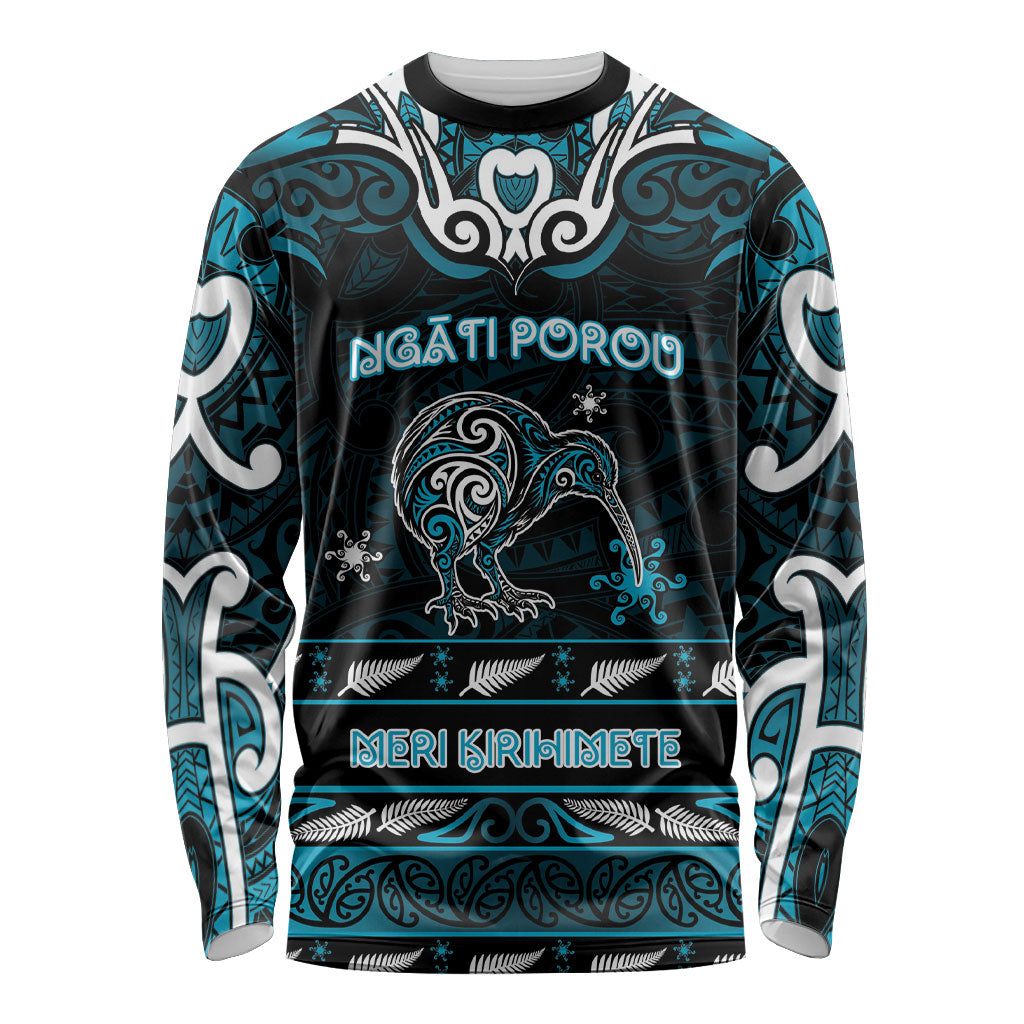 Personalised Ngati Porou Aotearoa Meri Kirihimete Long Sleeve Shirt Maori Kiwi Bird Silver Fern Koru Pattern DT05 Unisex Blue - Polynesian Pride