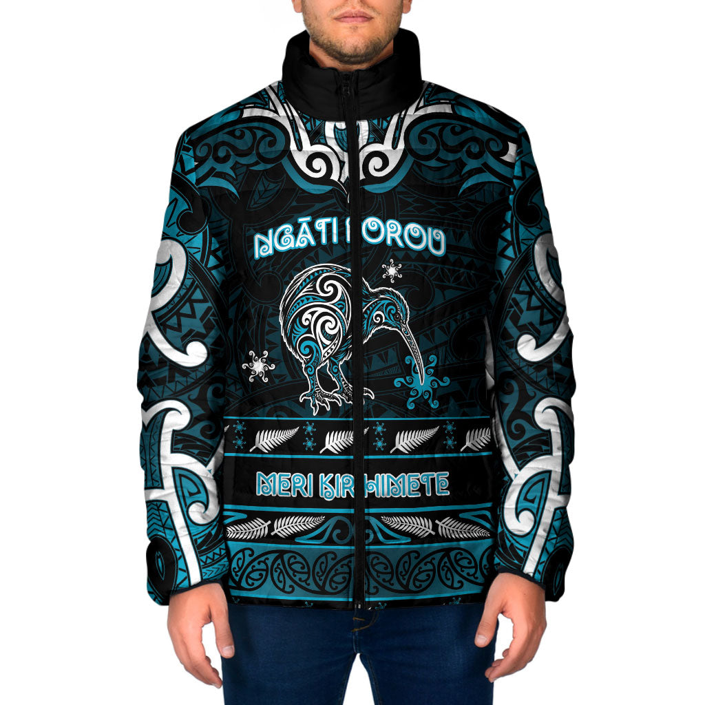 Personalised Ngati Porou Aotearoa Meri Kirihimete Padded Jacket Maori Kiwi Bird Silver Fern Koru Pattern DT05 Men Blue - Polynesian Pride