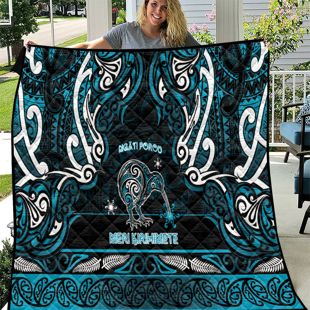 Ngati Porou Aotearoa Meri Kirihimete Quilt Maori Kiwi Bird Silver Fern Koru Pattern DT05 Blue - Polynesian Pride