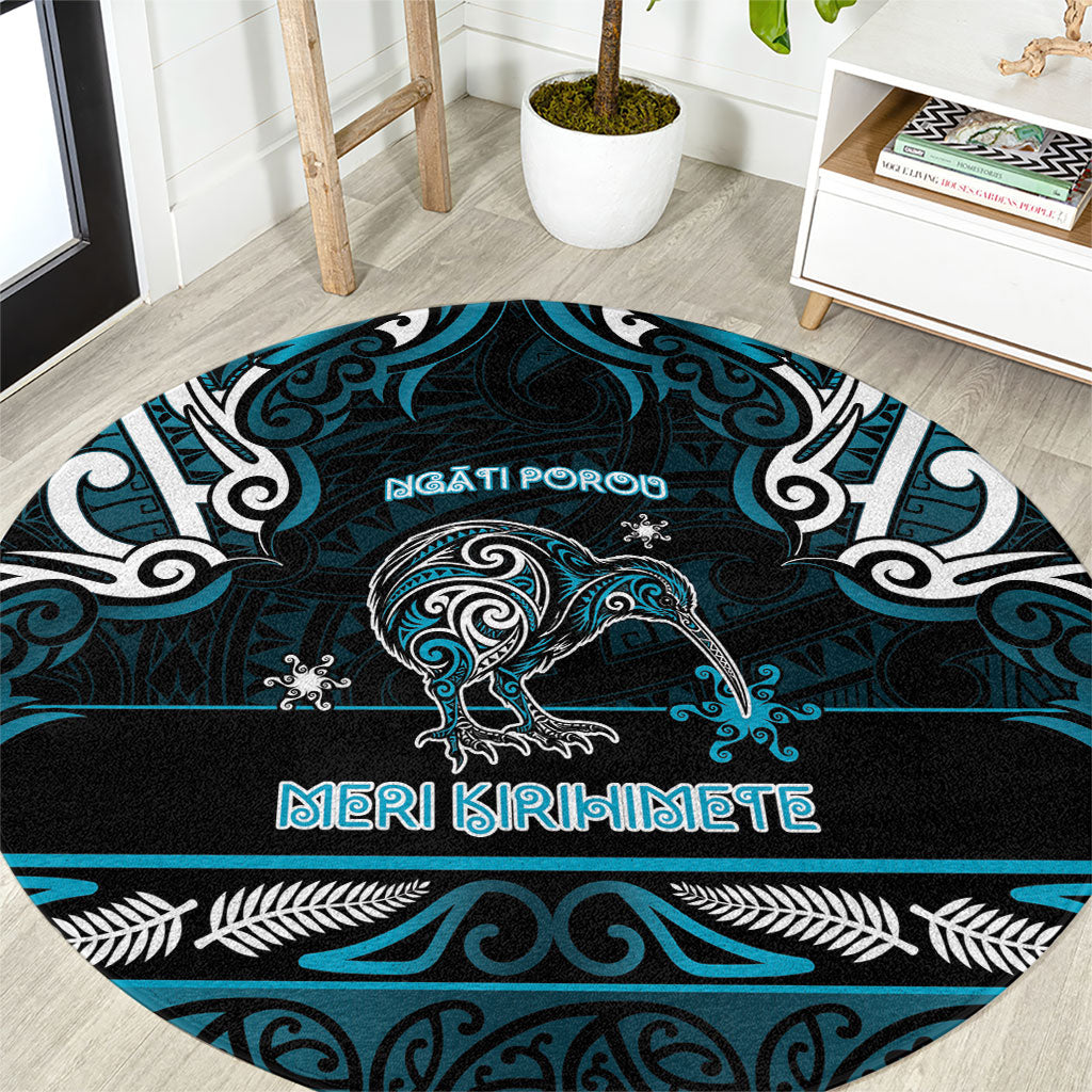 Ngati Porou Aotearoa Meri Kirihimete Round Carpet Maori Kiwi Bird Silver Fern Koru Pattern