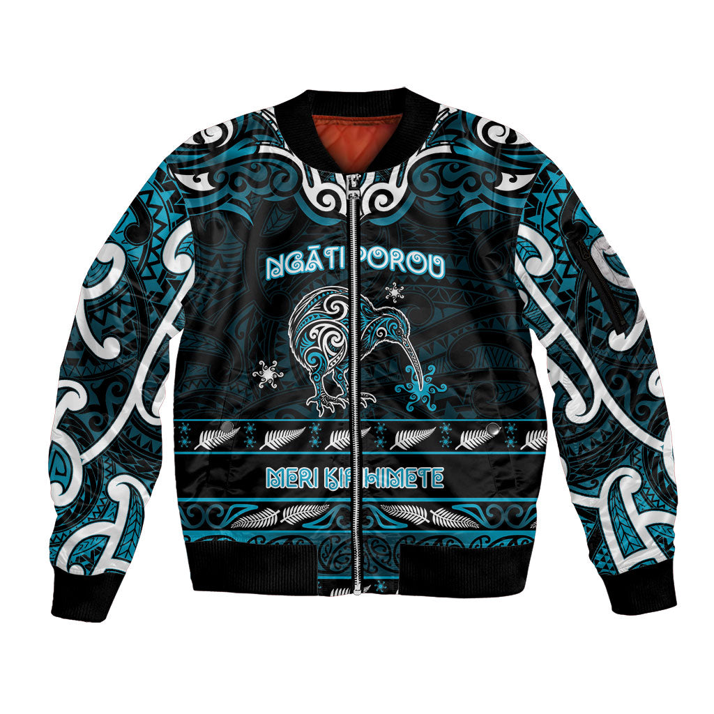 Personalised Ngati Porou Aotearoa Meri Kirihimete Sleeve Zip Bomber Jacket Maori Kiwi Bird Silver Fern Koru Pattern DT05 Unisex Blue - Polynesian Pride