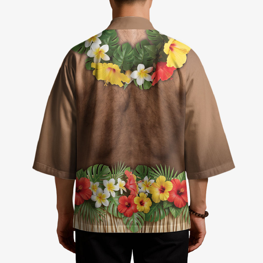 Muscle Hairy Hawaii 3D Funny Graphic Kimono Six Pack Abs Flower Lei Luau Prank DT05 - Polynesian Pride