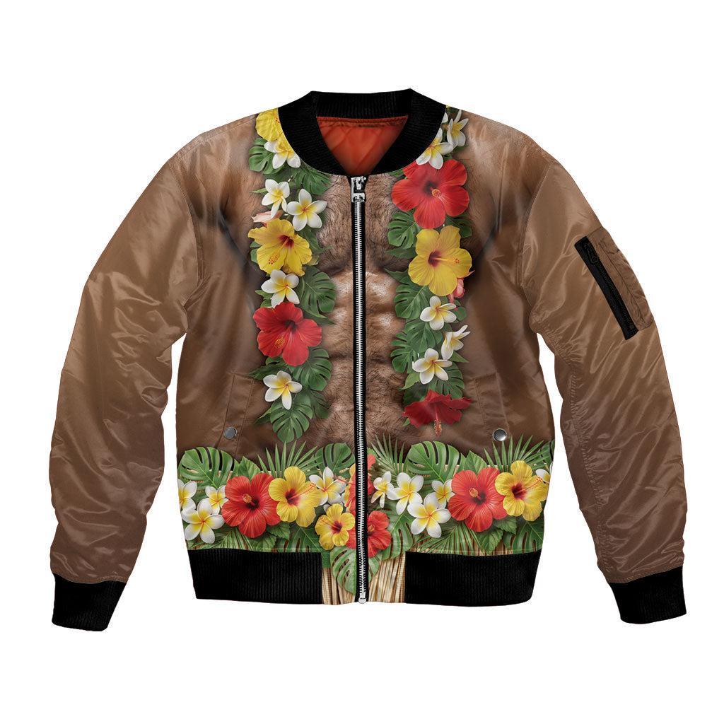 Muscle Hairy Hawaii 3D Funny Graphic Sleeve Zip Bomber Jacket Six Pack Abs Flower Lei Luau Prank DT05 Unisex Beige - Polynesian Pride
