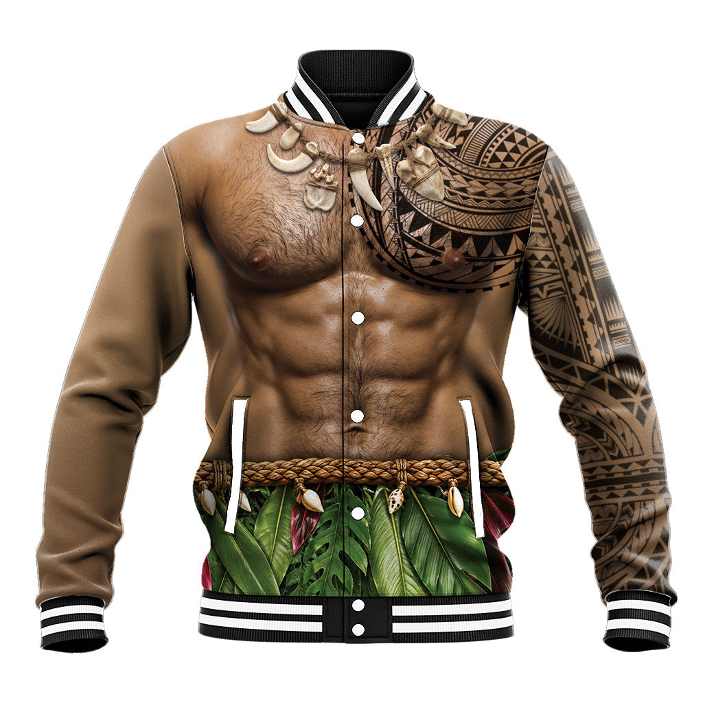 Warrior Muscle Tattoo 3D Funny Graphic Baseball Jacket Six Pack Abs Bone Necklace Leaf Skirt DT05 Unisex Beige - Polynesian Pride