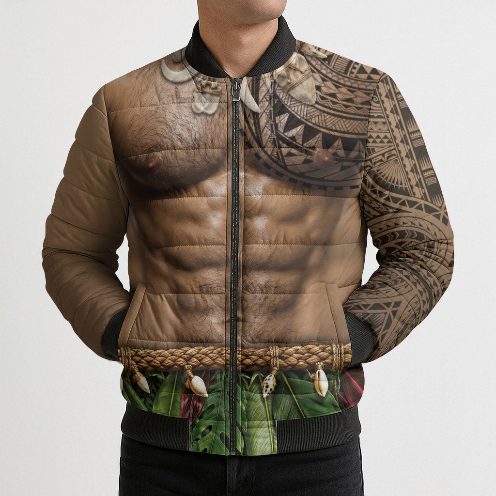 Warrior Muscle Tattoo 3D Funny Graphic Bomber Puffer Jacket Six Pack Abs Bone Necklace Leaf Skirt DT05 - Polynesian Pride