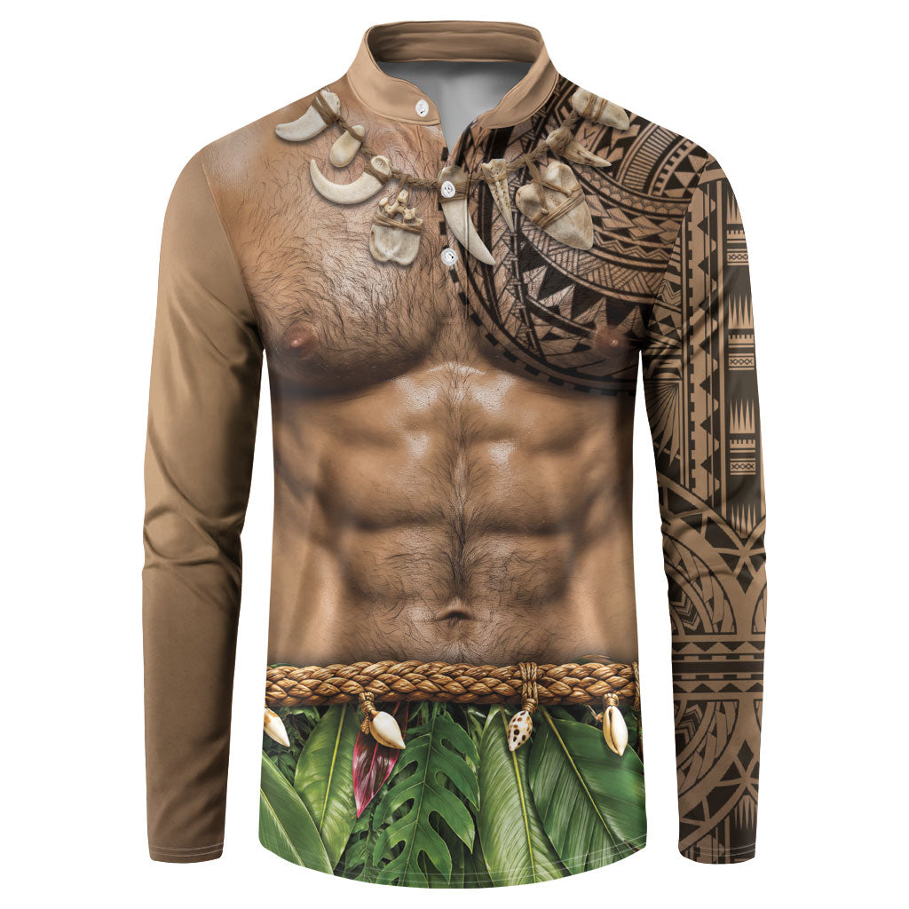 Warrior Muscle Tattoo 3D Funny Graphic Button Sweatshirt Six Pack Abs Bone Necklace Leaf Skirt DT05 Beige - Polynesian Pride