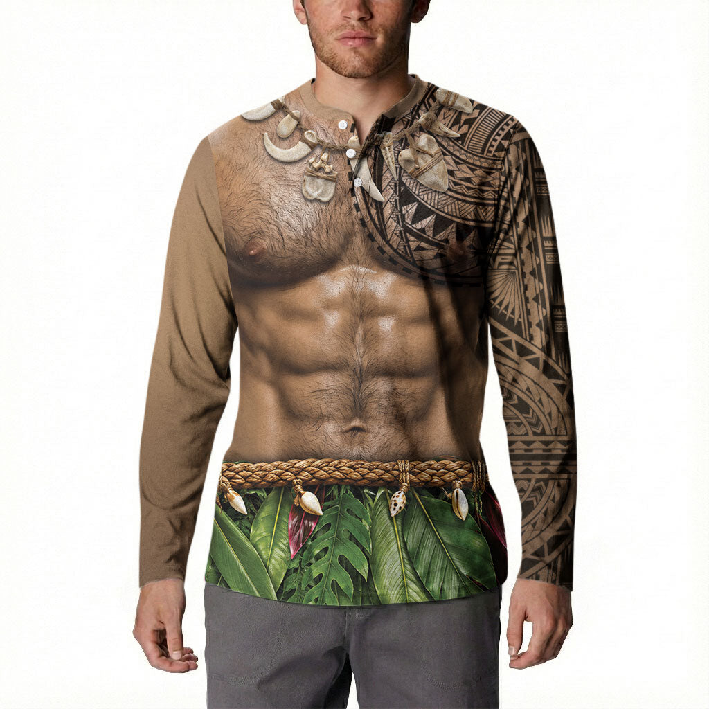 Warrior Muscle Tattoo 3D Funny Graphic Button Sweatshirt Six Pack Abs Bone Necklace Leaf Skirt DT05 - Polynesian Pride