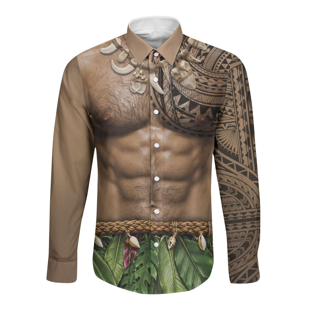 Warrior Muscle Tattoo 3D Funny Graphic Long Sleeve Button Shirt Six Pack Abs Bone Necklace Leaf Skirt DT05 Unisex Beige - Polynesian Pride