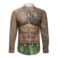 Warrior Muscle Tattoo 3D Funny Graphic Long Sleeve Button Shirt Six Pack Abs Bone Necklace Leaf Skirt DT05 Unisex Beige - Polynesian Pride